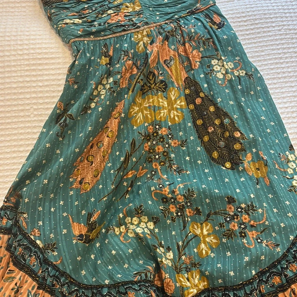 Ulla Johnson Teal Floral Tiered Maxi Dress with Mustard & Brown Trim - Picture 3 of 8